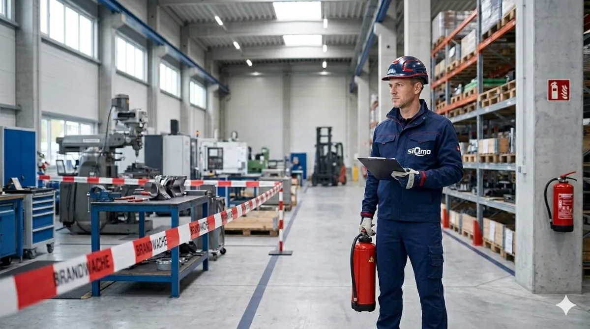 siQmo-Brandschutzbeauftragter mit Helm und Feuerlöscher bei der Begehung in einer Produktionshalle