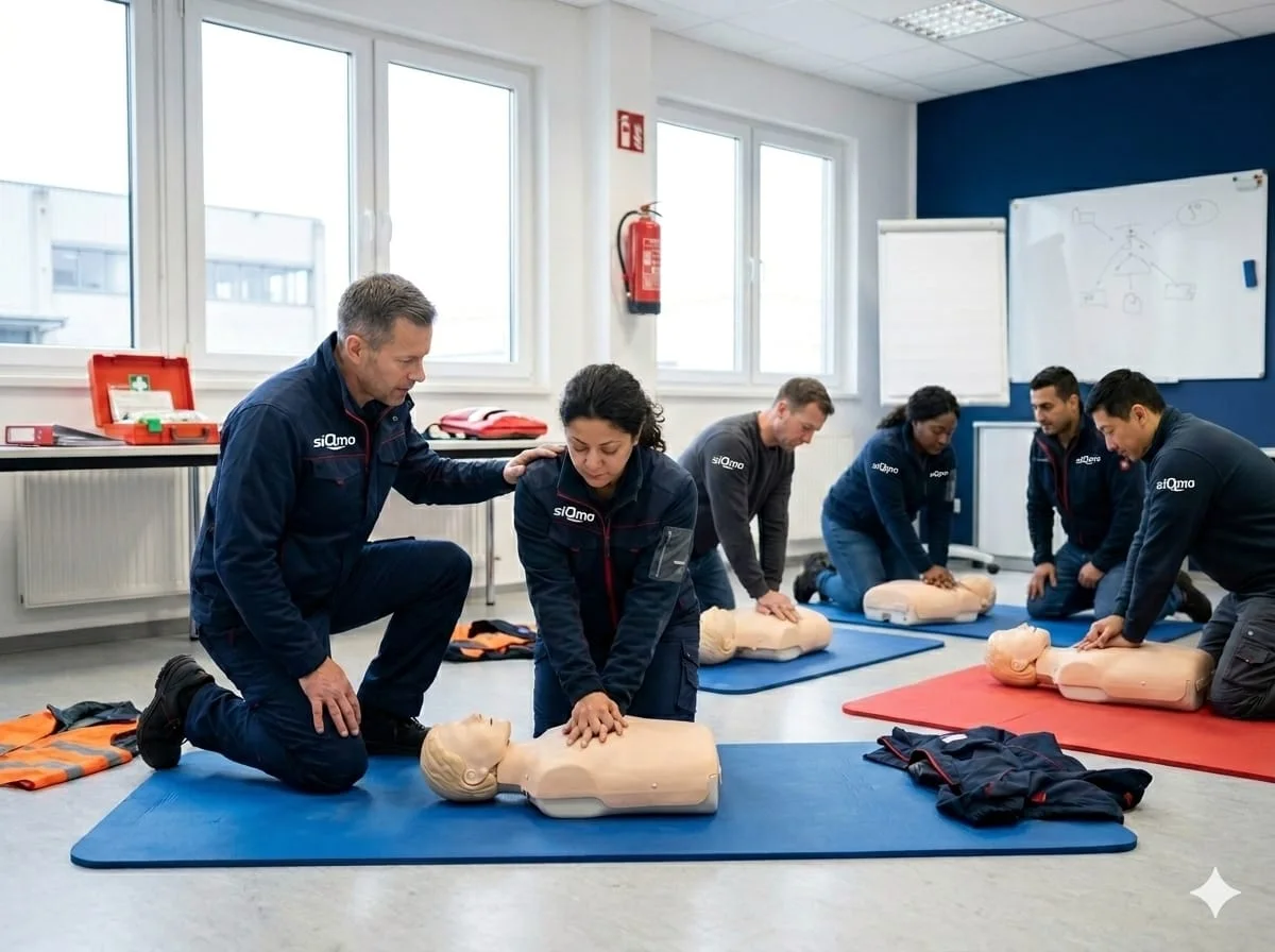 Erste-Hilfe-Schulung: Diverse Gruppe übt Herzdruckmassage an Übungspuppen, siQmo-Instructor korrigiert