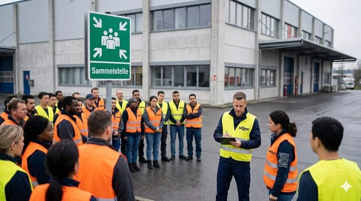 Evakuierungsübung: Mitarbeiter verschiedener Nationalitäten in Warnwesten an der Sammelstelle