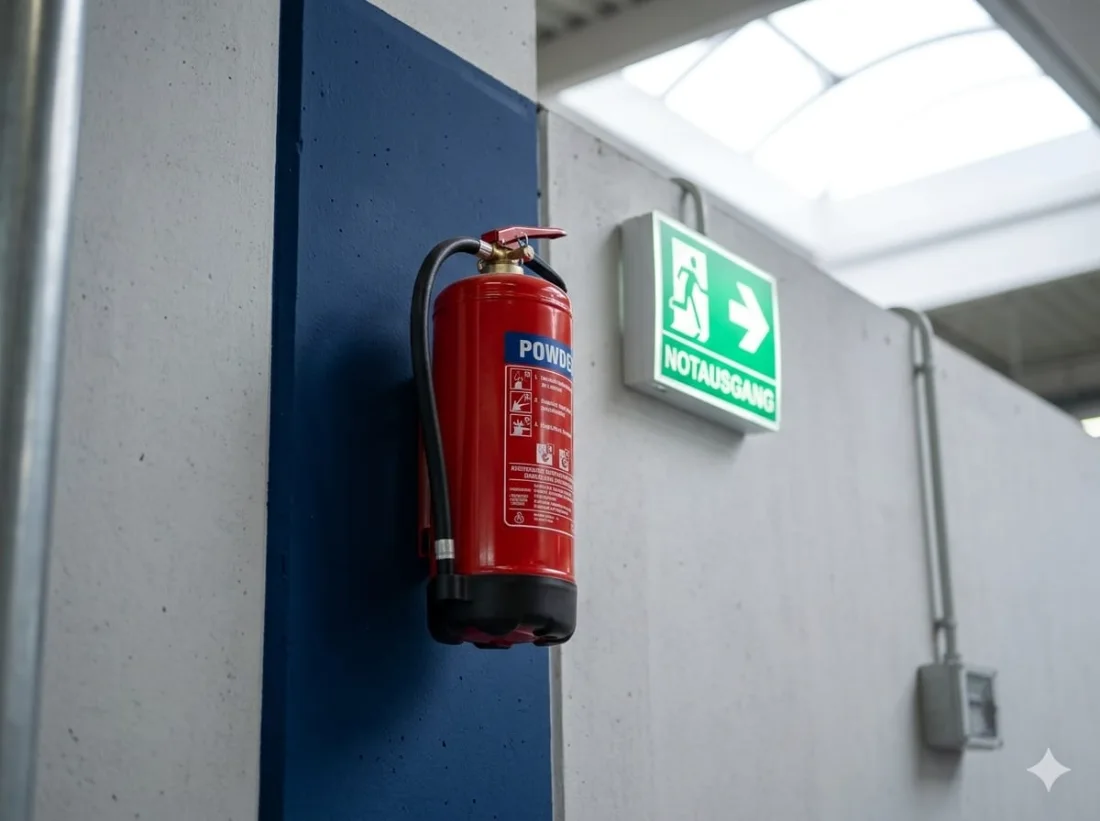 Feuerlöscher an navy-blauer Wand neben beleuchtetem Notausgang-Schild
