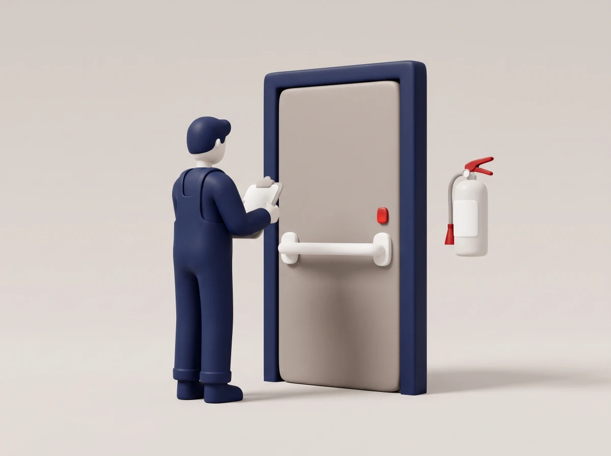 Illustration: Mitarbeiter mit Klemmbrett prüft eine Brandschutztür im Flur