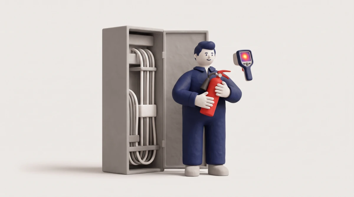 Illustration: fire safety helper with an extinguisher beside an open switch cabinet and a thermal camera