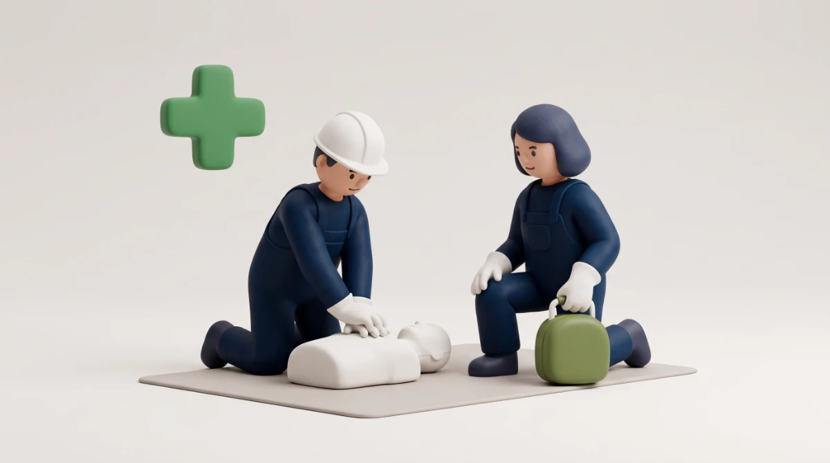 Illustration: Zwei Ersthelfer bei der Herzdruckmassage an einer Übungspuppe, daneben ein Defibrillator