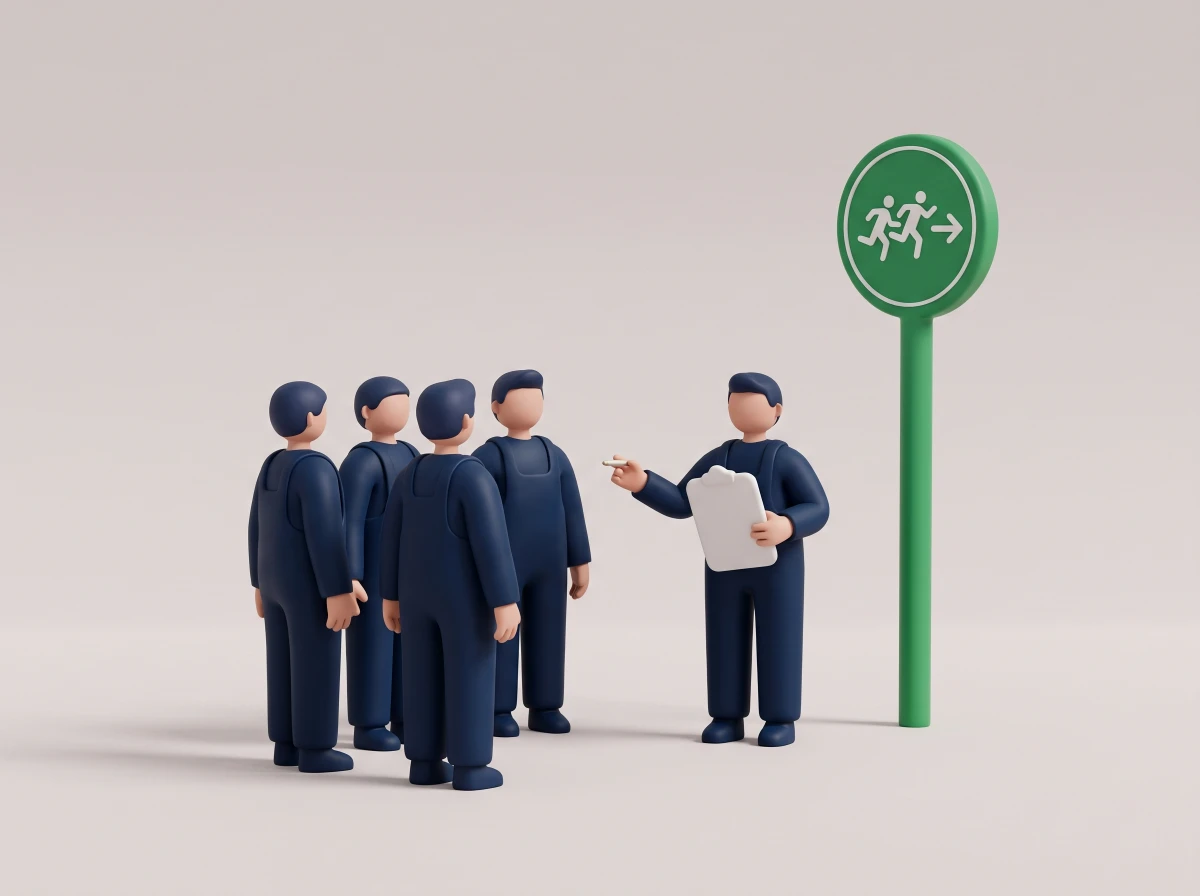 Illustration: five workers gathered at an assembly point, one counting the group