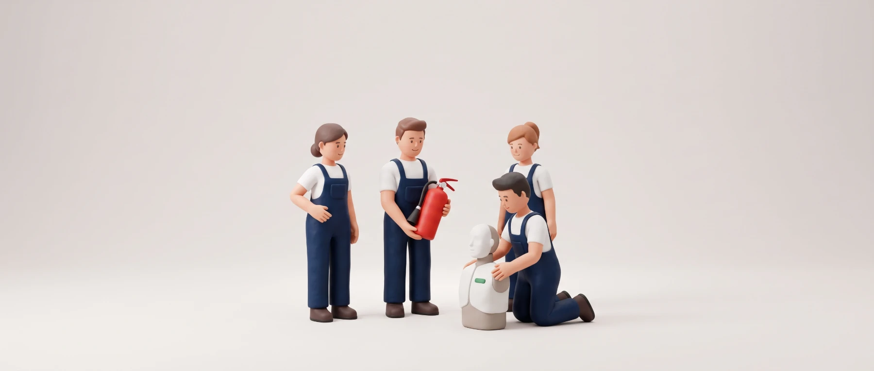 Illustration: Vier Mitarbeitende in Arbeitskleidung um einen Feuerlöscher und eine Reanimationspuppe
