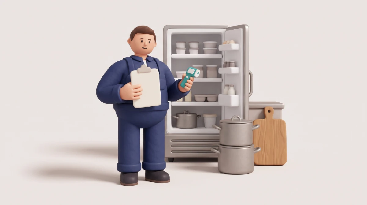Illustration: Hygienebeauftragter mit Klemmbrett und Einstichthermometer vor einem offenen Kühlschrank in einer Großküche