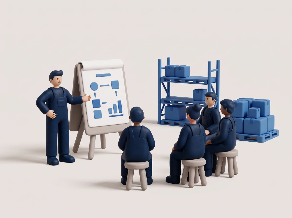 Illustration: trainer explaining at a flipchart to four seated participants in a warehouse
