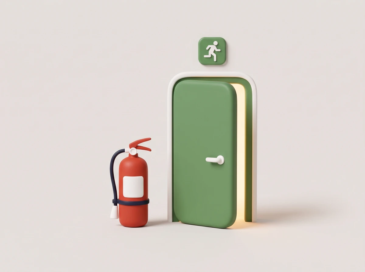 Illustration: Feuerlöscher an der Wand neben einem geöffneten Notausgang