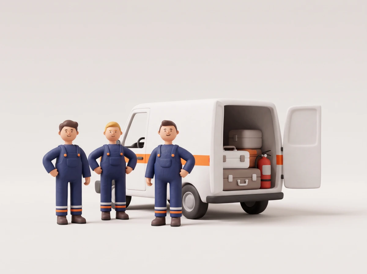 Illustration: Drei Mitarbeitende vor einem Transporter mit Ausrüstungskoffern