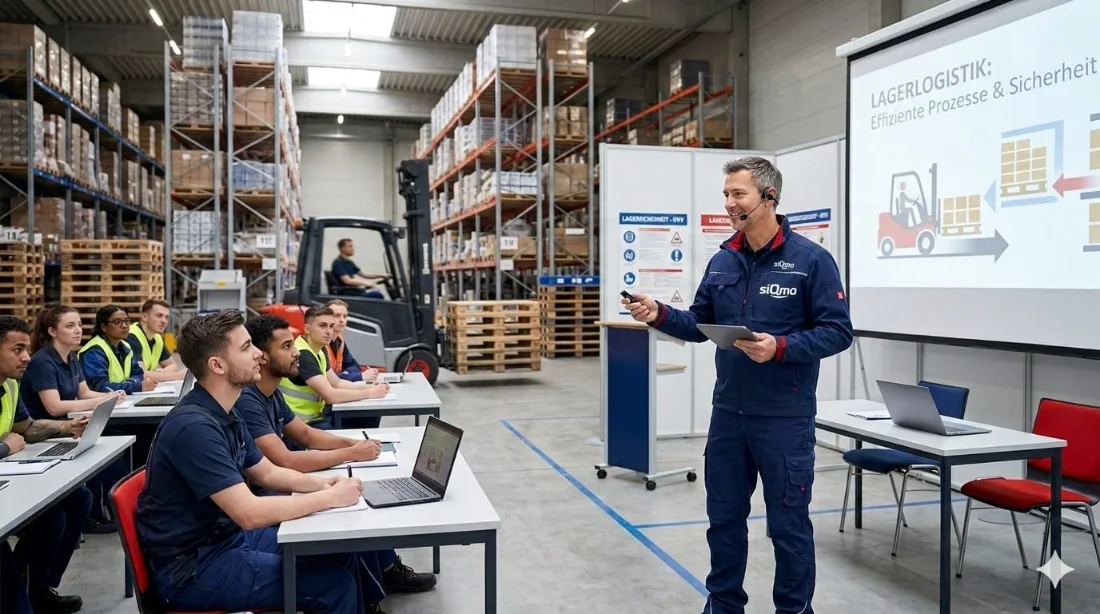 siQmo-Instructor schult eine Gruppe zur Lagerlogistik vor einer Präsentation