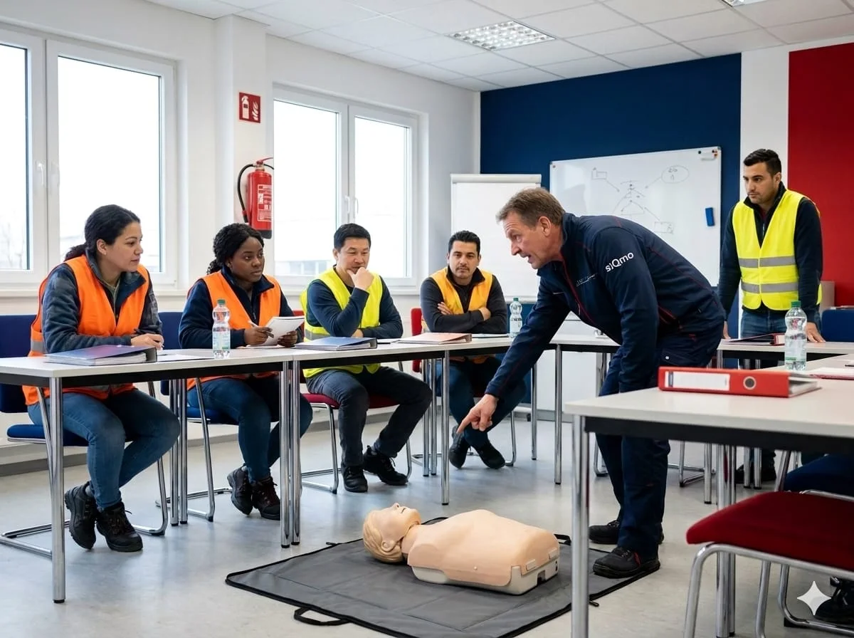 Schulung mit Teilnehmern verschiedener Nationalitäten in Warnwesten, Reanimationspuppe im Vordergrund