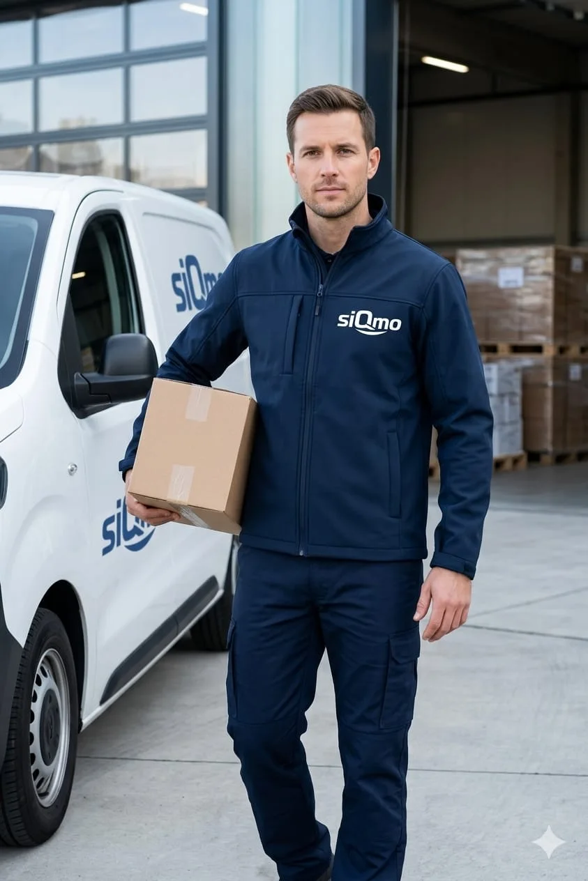 siQmo-Mitarbeiter in navy Softshell-Jacke vor einem weißen siQmo-Transporter